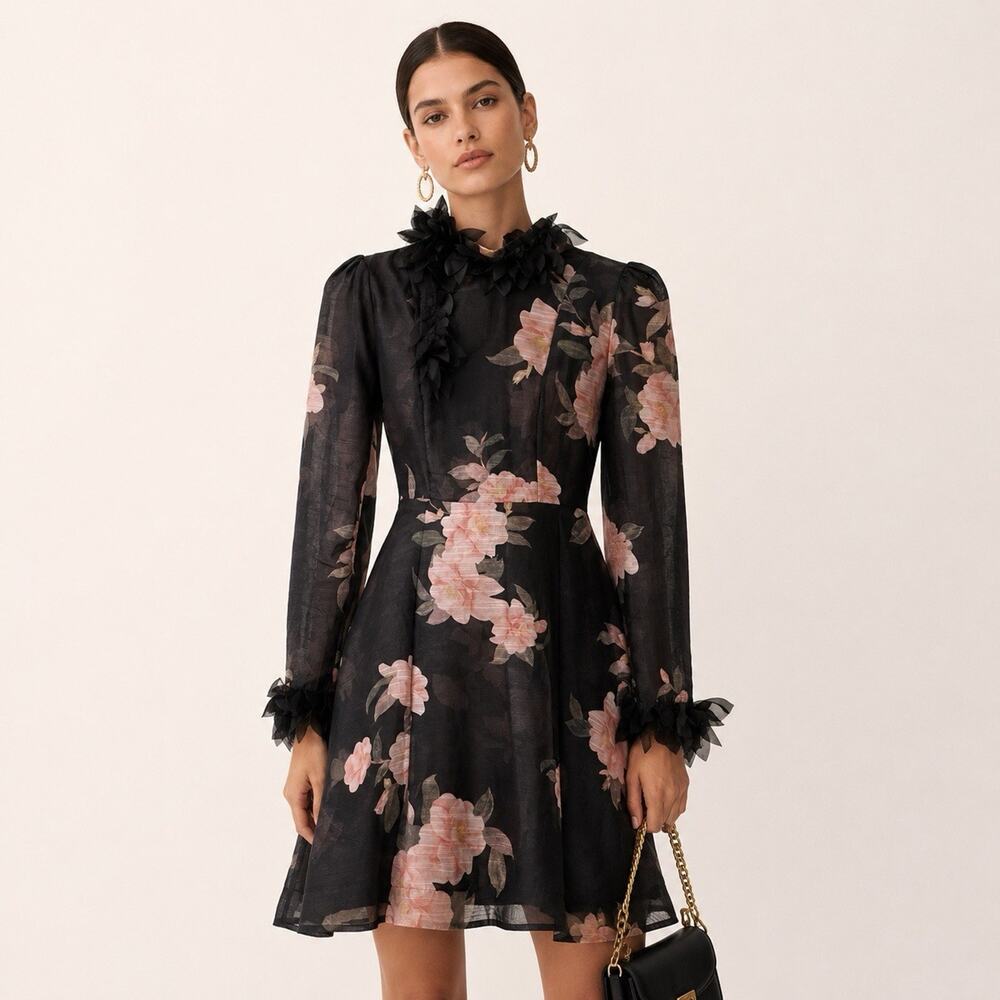 Miss Rosier Silk Blend Black 3D Camellia Floral Organza Mini Dress M